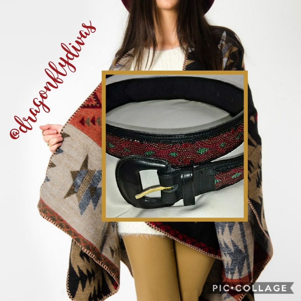 VTG 80s Ginnie Johansen Leather Beaded Panel Belt